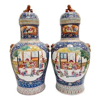 Monumental 21" Chinese Famille Rose Medallion Porcelain Palace Jars With Foo Dog Lids - A Pair For Sale