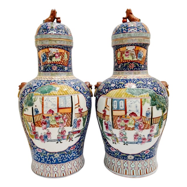 Monumental 21" Chinese Famille Rose Medallion Porcelain Palace Jars With Foo Dog Lids - A Pair For Sale