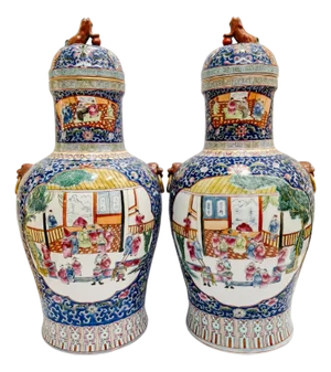 Monumental 21" Chinese Famille Rose Medallion Porcelain Palace Jars With Foo Dog Lids - A Pair
