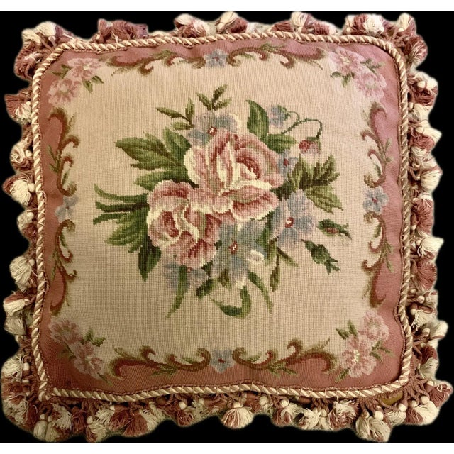 Vintage needlepoint Aubusson tapestry pillow cushions cover and feathers insert French country, floral roses motifs ....