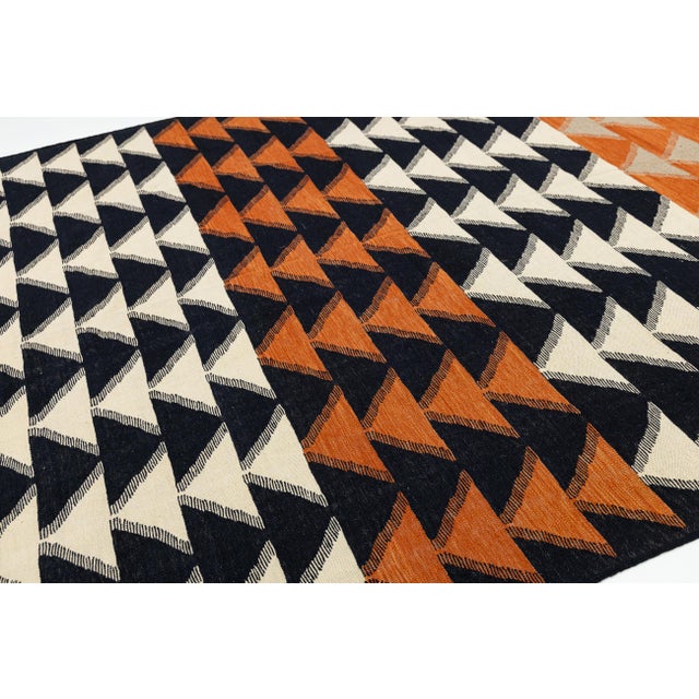 Charcoal Modern Navajo Style Geometric Wool Rug Handmade Terracotta & Charcoal Flatweave For Sale - Image 8 of 11