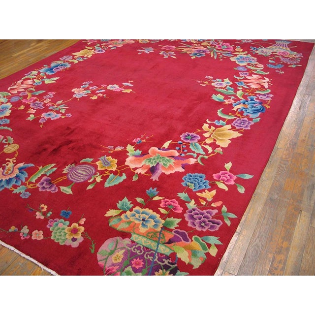 Art Deco 1930s Red Floral Modern Antique Chinese Art Deco Rug 8' 9" X 11' 6" Handknotted Wool Carpet For Sale - Image 3 of 6
