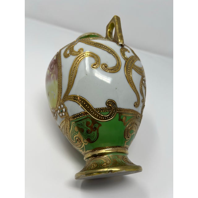 Jade Antique Japanese Nippon Hand Painted Portrait Porcelain Vase With Moriage & Jeweled Decoration, Circa 1905 For Sale - Image 8 of 11