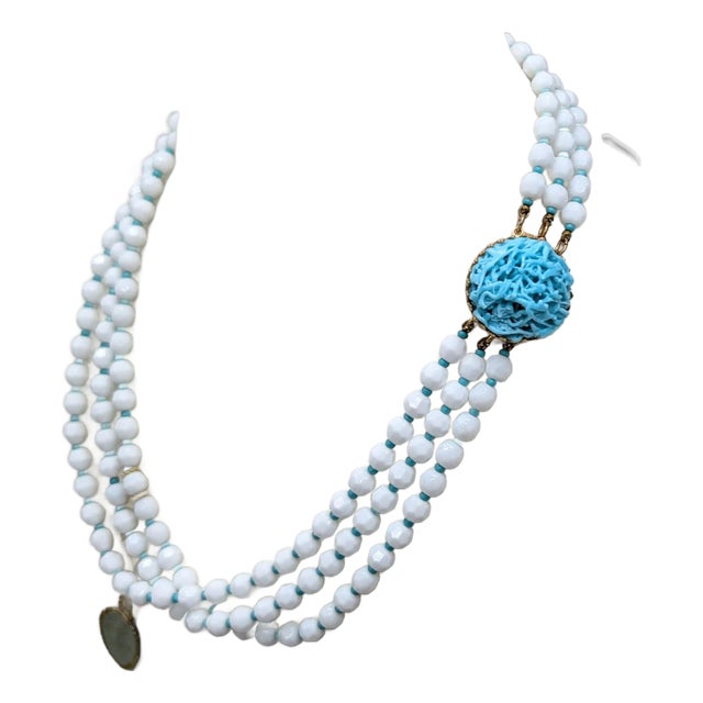 Vintage Signed Hattie Carnegie 3-Strand White Beaded Faux-Turquoise Necklace For Sale