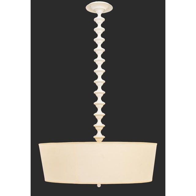 Mid-Century Modern Hanging Pendant Lamp, white lacquered turned stem, four light bulb fittings, beige lamp shade. 36" H x...