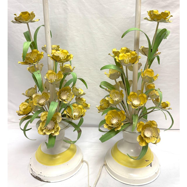 Late 20th Century Vintage Italian Floral Painted Tole Table Lamps- A Pair For Sale - Image 5 of 12