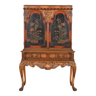 Berkey & Gay Antique Georgian Chinoiserie Burled Walnut and Hand Painted Bookcase or Bar Cabinet, 1920s For Sale