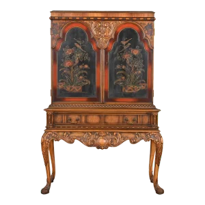 Berkey & Gay Antique Georgian Chinoiserie Burled Walnut and Hand Painted Bookcase or Bar Cabinet, 1920s