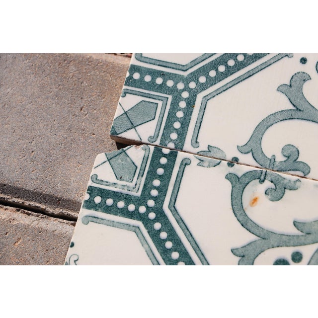 Art Deco Tiles Set of 8 Large Portuguese Sage Green & White Floral Geometric Design c.1920s For Sale - Image 15 of 16
