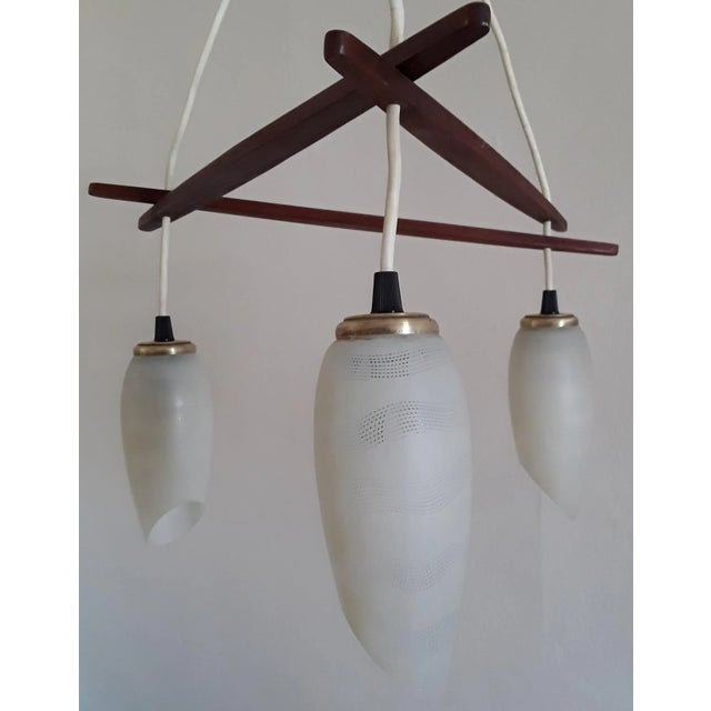 Scandinavian Style 3-Flamed Ceiling Lamp in Teak and Glass Shade, 1960s For Sale - Image 3 of 12
