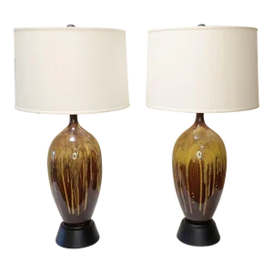 Vintage Earth Tone Glazed Pottery Lamps With Shades - a Pair