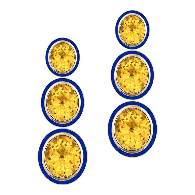 Goshwara 3 tier Oval Citrine with Lapis Lazuli Inlay Earrings For Sale