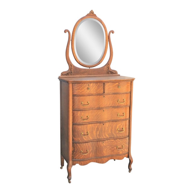 1900s Antique American Tiger Oak Tall Serpentine Highboy With Mirror