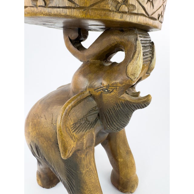 Wood Vintage Thai Hand-Carved Hardwood Elephant Side Table / Sculptural Stool For Sale - Image 7 of 18