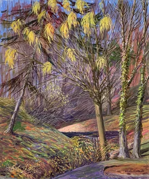 1980s Expressionist Landscape Acrylic Painting by e.j. Hartmann, Signed