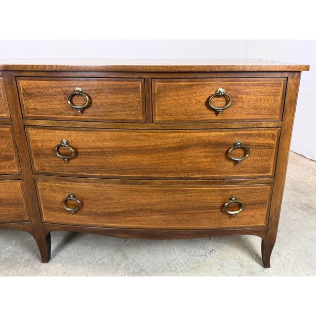 Mid 20th Century Baker Furniture Walnut /Satinwood Bow Front Long Dresser Chest of Drawers For Sale - Image 9 of 12