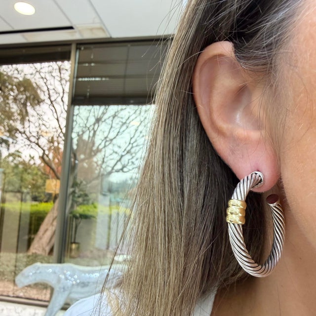 Gold Vintage David Yurman 14k Yellow Gold 925 Silver Two-Tone Metro Hoop Earrings, A Pair For Sale - Image 8 of 8