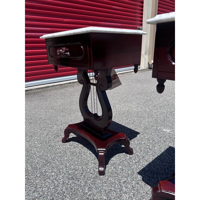 Wood Pair of Vintage Kimball Marble Top Lyre Pedestal End Tables For Sale - Image 7 of 9