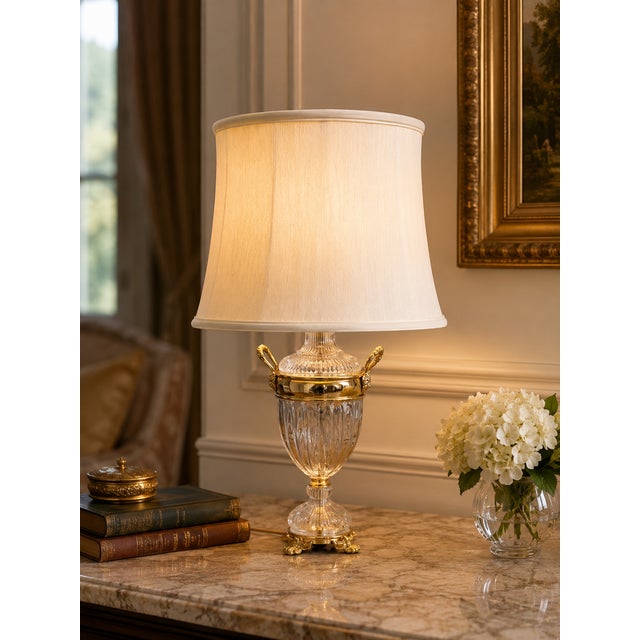 A stunning crystal and brass table lamp, designed in the Neoclassical style with elegant urn form. The lamp features a...