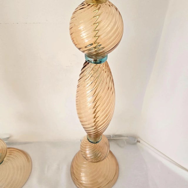 Mid-Century Modern Pair of Terracotta and Blue Murano Glass Lamps 1980s For Sale - Image 3 of 11