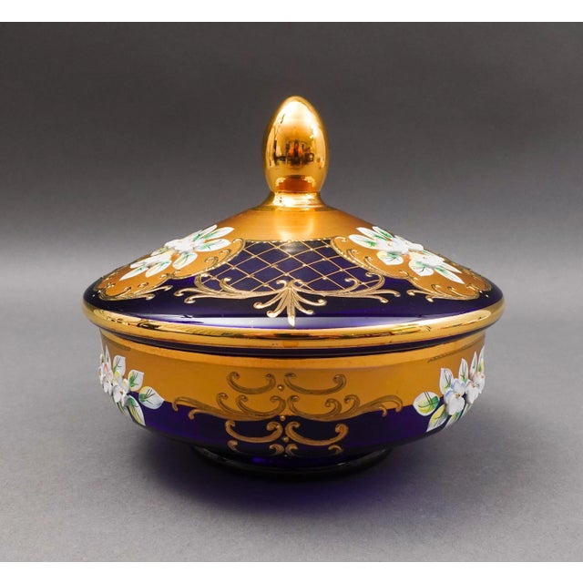 Mid-Century Modern Mid 20th Century Egermann Czech Bohemian Cobalt Blue 24k Gold Enamel Lidded Bowl Dish Trinket Box For Sale - Image 3 of 9