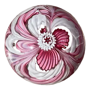 1990s Pink and White Paperweight With Alternating Colored Ribbons of Glass With a Millifiore Center