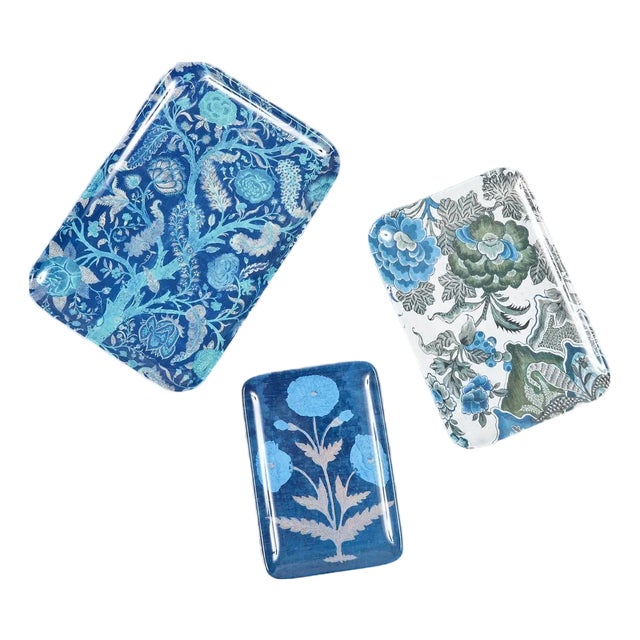 Kalamkari Blue Trays, Set of 3 For Sale