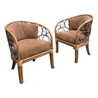 Pair of Maitland-Smith Hollywood Regency Wooden Faux-Bamboo Tub Chairs With Wrought-Iron Scrollwork, Philippines For Sale