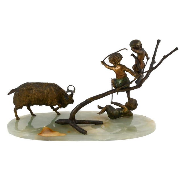 Bronze Charging Ram Figural Group Sculpture on Green Onyx Base For Sale - Image 4 of 8