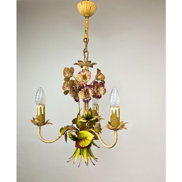 Vintage French Metal Flower Bouquet Three-Arm Chandelier, 1950s For Sale - Image 9 of 16
