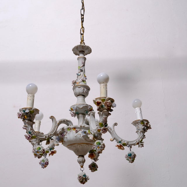 5-Arm Capodimonte Chandelier with Floral Decor, 1960s For Sale - Image 3 of 17