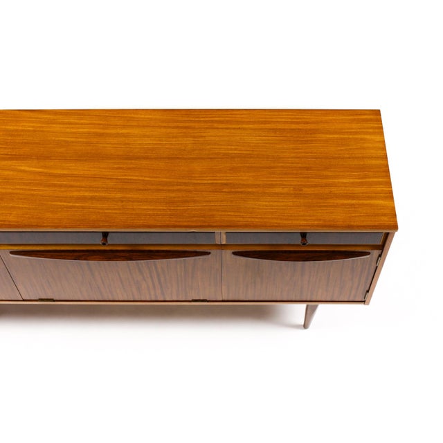 1960s Danish Modern Mid Century Mahogany Credenza Sideboard by Elliot’s of Newbury — Sculpted Lapel Pulls, Attributed For Sale - Image 11 of 11