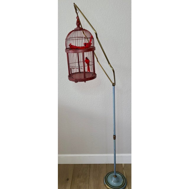 Antique Art Deco Brass Painted Blue Bird Cage Stand Holder With Red