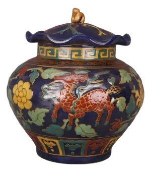 Chinese Vintage Ceramic Pot,Ming Dynasty Xuande Marked Blue Ground Famille Verte Porcelain Lid Jar Hand Carved Kylin Pattern