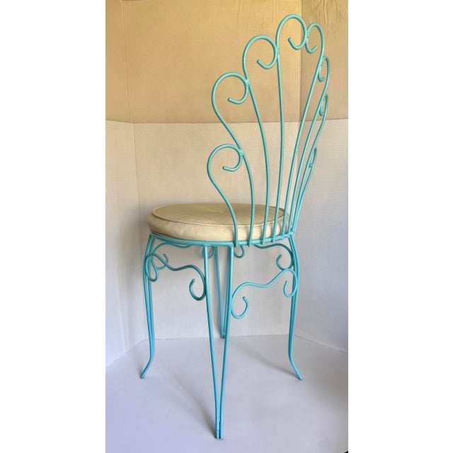 Vintage Aqua Wrought Iron Vanity Chair With Shell-Shaped Scroll Back & Cushion For Sale - Image 11 of 12