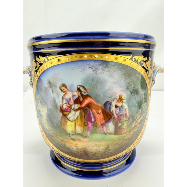 19th Century, Sevres Cobalt Porcelain & Hand Painted Jardiniere or Cache Pot For Sale - Image 10 of 12
