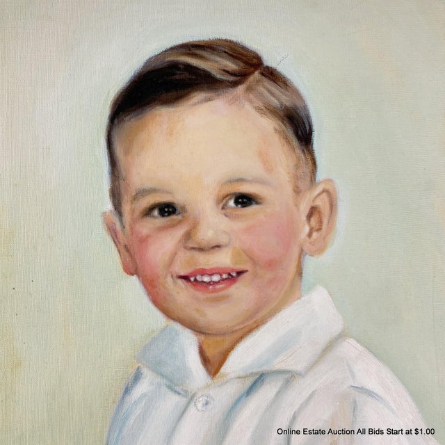 Vintage Mid-Century Oil Portrait of a Young Boy by Masuko Nakafuji This captivating original oil on canvas painting...