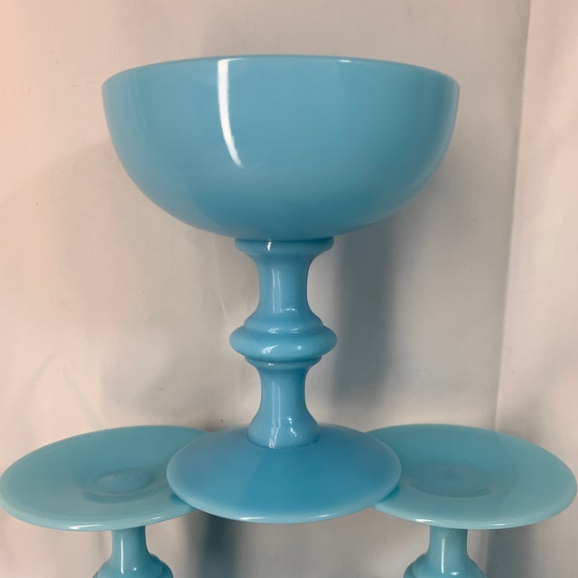 Shabby Chic Vintage French Turquoise Blue Opaline Glass Champagne Coupes or Sherbet Glasses, by Portieux Vallerysthal Set of 10 For Sale - Image 3 of 9
