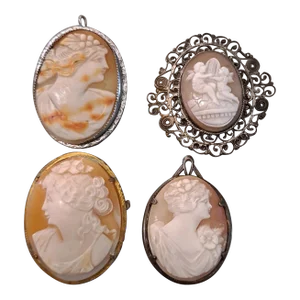 Group of 4 High Relief Cameo Pins/Pendents Carved From Bull Mouth Shell