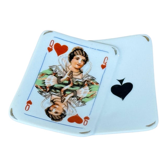 Vintage Queen of Hearts Playing Card Porcelain Ashtray / Tip Tray For Sale