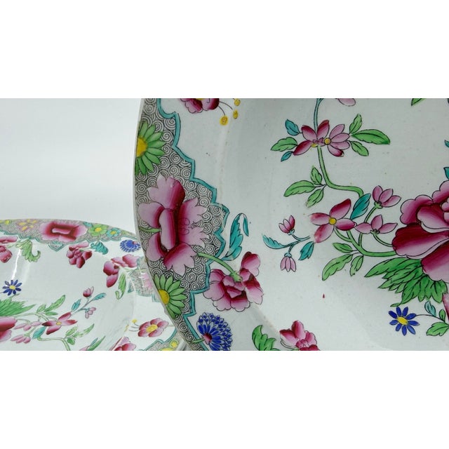 Chinoiserie Antique Pink and Green Chinoiserie Georgian Hicks & Meigh Ironstone Bowls -Set of 8 For Sale - Image 3 of 5