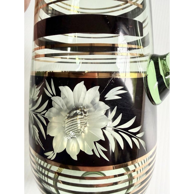 Vintage Mid-Century Modern Bohemian Green Glass Pitcher Cut Flowers, Gold & Black Bands For Sale - Image 16 of 17