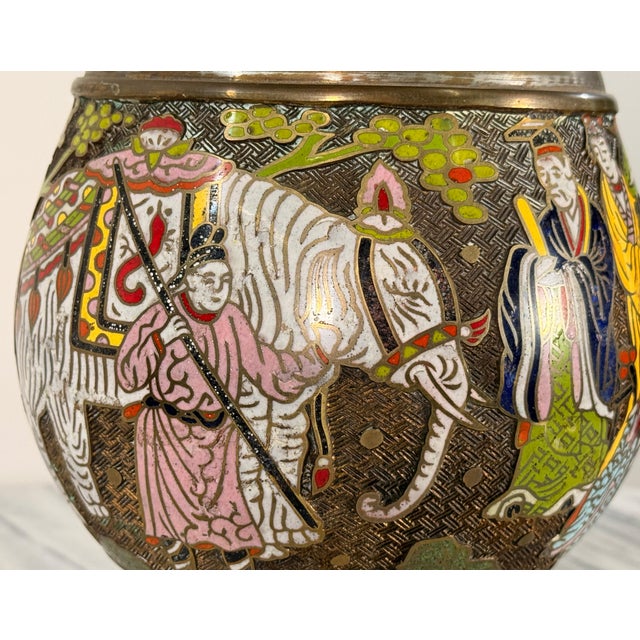 Mid 20th Century Chinese Cloisonne Brass Vase Table Lamp With Figural and White Elephant Decoration For Sale - Image 9 of 15