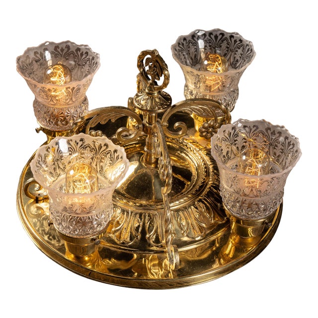 Vintage Four-Lamp Flush Mount Brass Light Fixture With Floral Motif For Sale