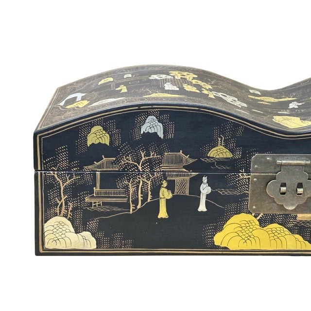 Black Lacquer Chinoiserie-Style Gold Silver Scenery Graphic Rectangular Box For Sale - Image 10 of 15