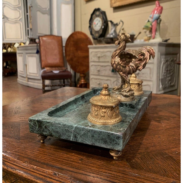 19th Century French Green Marble and Bronze Rooster Inkwell Signed Melotte For Sale - Image 10 of 13