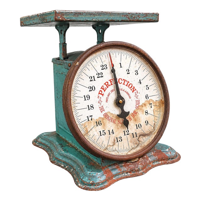 Antique 1906 Triner “Perfection” Family Kitchen Scale in Original Aqua Paint For Sale