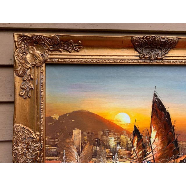 Orange Late 20th Century Stunning Oil Painting on Canvas, Seascape, Sailing Ships at Sunset, Framed For Sale - Image 8 of 12