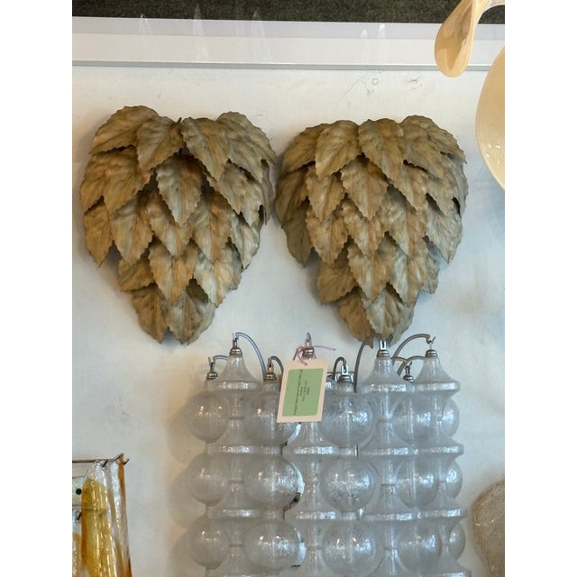 Pair of vintage Italian tole metal wall light leaf leaves sconces. Newly wired, new sockets. I have 3 pairs available at...