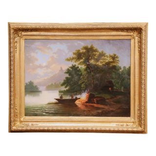 19th Century French River Landscape Oil on Canvas in Carved Gilt Frame, Signed For Sale